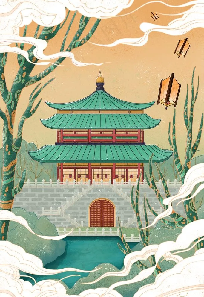 古建筑插画图片(3545x5315)psd模版下载