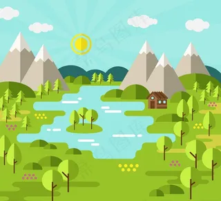 扁平化郊外湖泊风景矢量素材图片