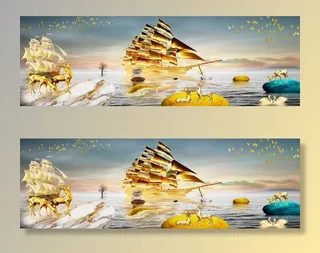 麋鹿一帆风顺帆船金色山水装饰画图片