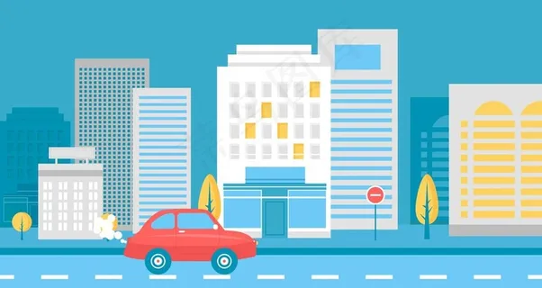 矢量蓝色城市高楼道路建筑插画图片