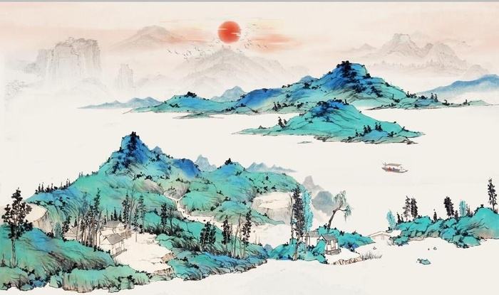 中式青绿山水国画电视背景墙图片(9071x5669)