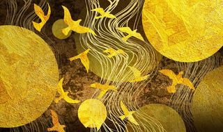 新中式线条抽象玄关屏风电视背景图片