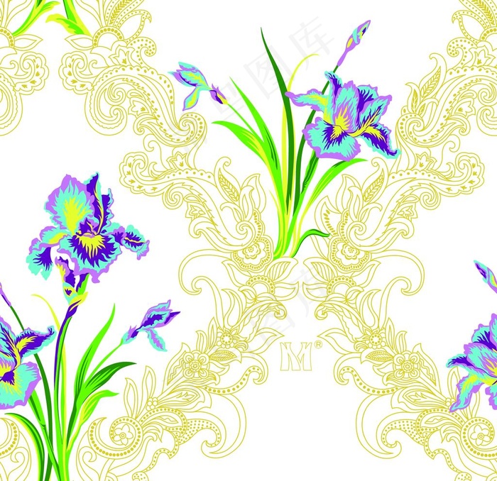 兰花与欧式花纹结合印花图片