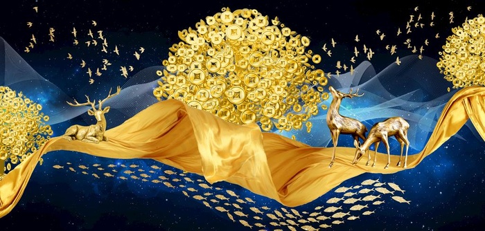 金色金钱树麋鹿发财鹿晶瓷画图片(7087x3602)