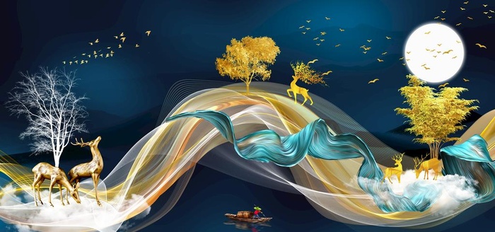 飘带麋鹿山水意境晶瓷画图片(9449x4724)psd模版下载