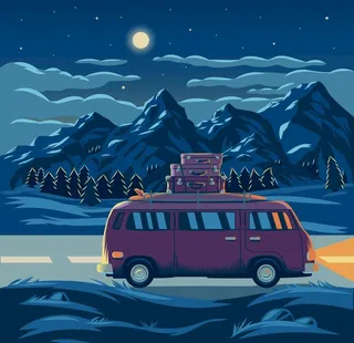 矢量夜景山丘汽车插画图片