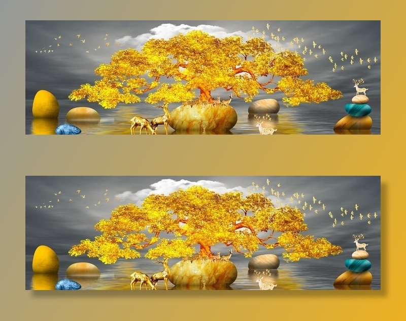 麋鹿发财树金色山水装饰画图片(10039x3543)