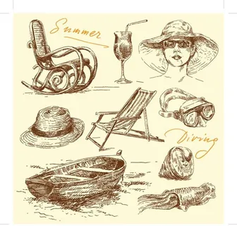 夏季海滩手绘线稿素材图片