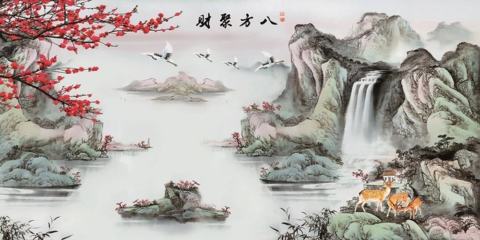 中式八方聚财梅花山水背景墙图片(3500x2600)psd模版下载