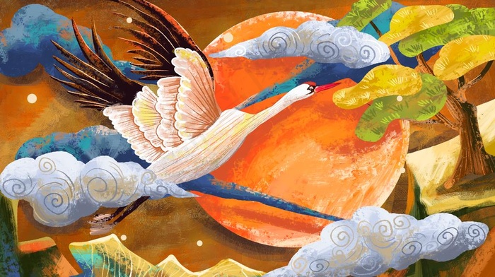 重彩仙鹤插画图片