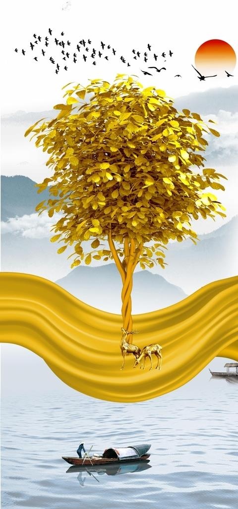 金色飘带麋鹿意境山水玄关装饰画图片(4724x9449)psd模版下载