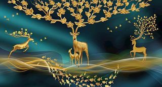金色麋鹿意境山水装饰画图片