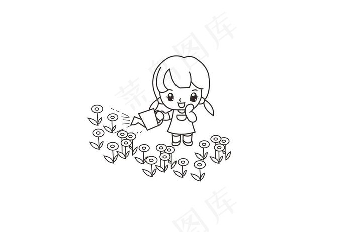 简笔女孩浇花图片