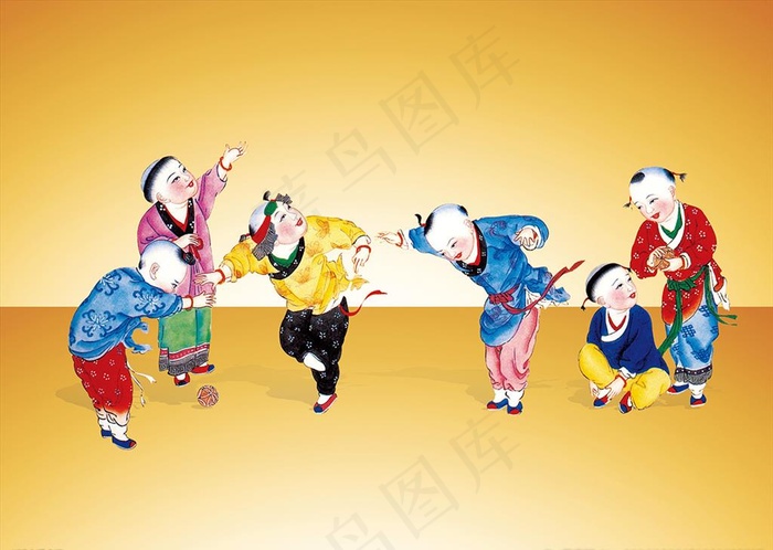 年画娃娃游戏玩耍蹴鞠图图片