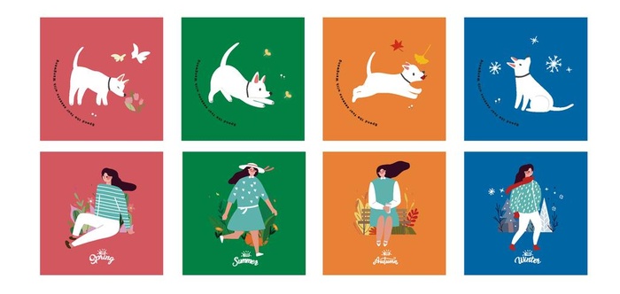 春夏秋冬素材卡通狗卡通女孩图片