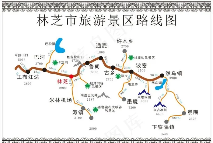 林芝市旅游景区路线图图片cdr矢量模版下载