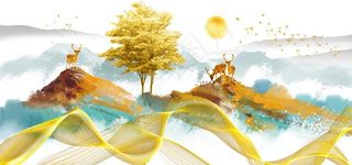 新中式麋鹿山水背景墙图片