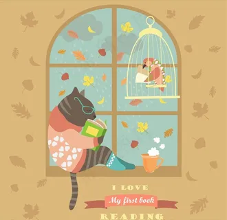 窗口窗户卡通猫卡通小鸟矢量图图片