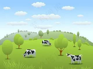 奶牛吃草牛奶牧场天空云朵素材图片