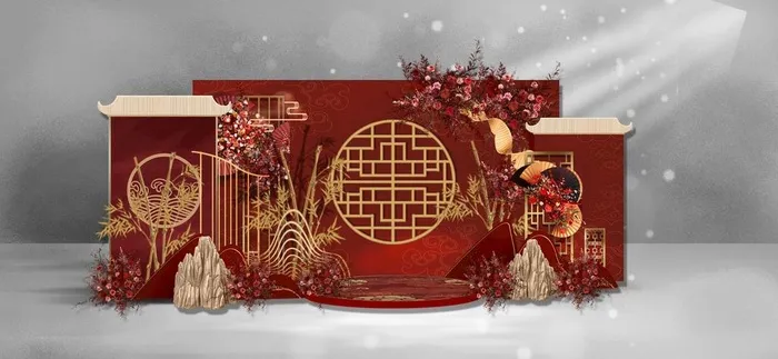 红色中式婚礼迎宾区效果图图片
