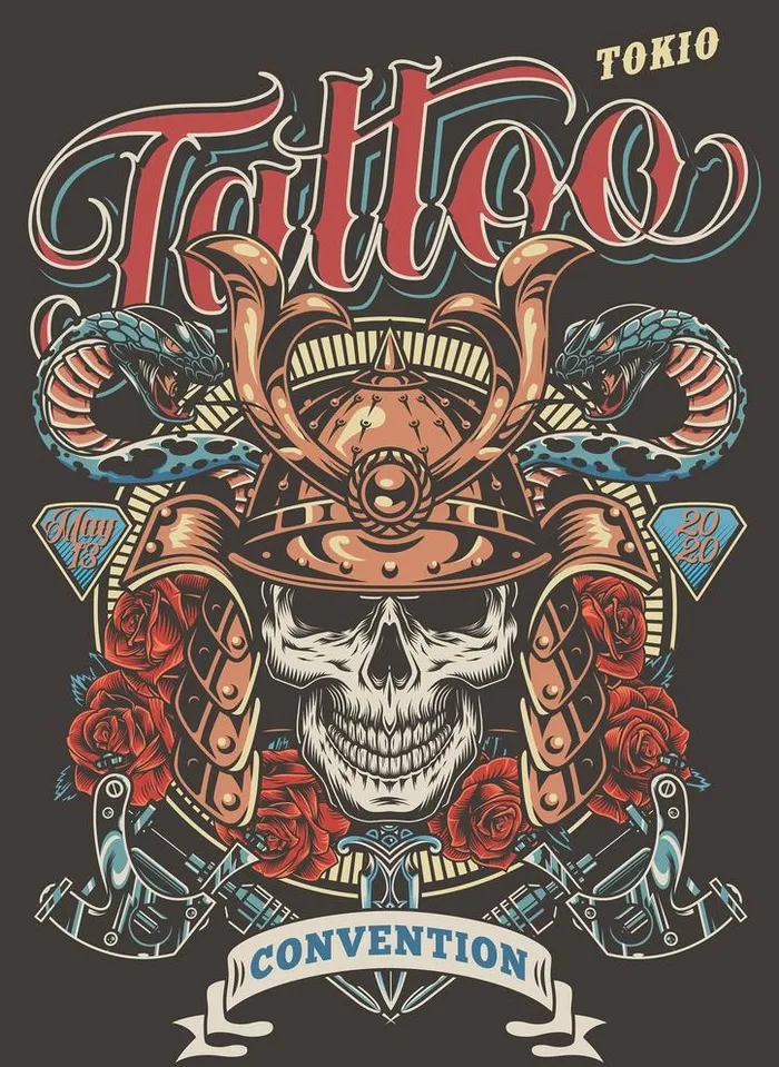 创意手绘骷髅日本武士矢量插画图片eps,ai矢量模版下载