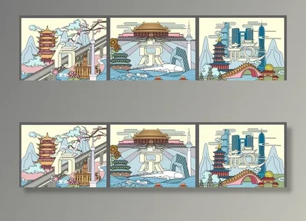 城市地标建筑手绘矢量图图片