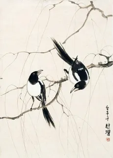 柳枝双鹊图片