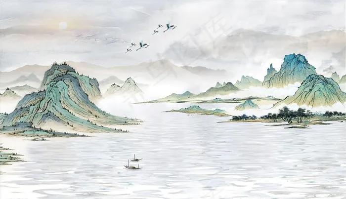 水墨山水小船鹤飞鸟意境背景墙图片(9071x5669)psd模版下载