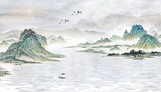 水墨山水小船鹤飞鸟意境背景墙图片