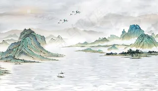 水墨山水小船鹤飞鸟意境背景墙图片