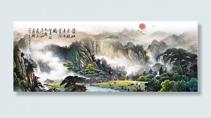 水墨山水背景图片(6010x2500)psd模版下载