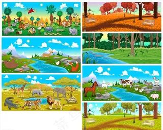 卡通风景森林动物矢量插画图片