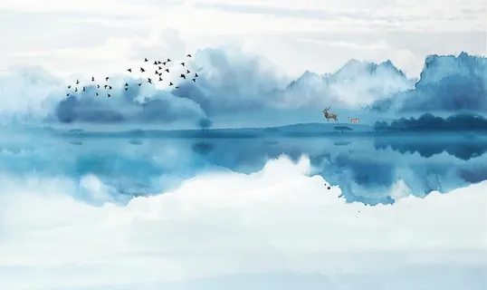 新中式蓝水水墨山水画背景墙图片