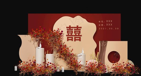 红色中式婚礼合影区图片