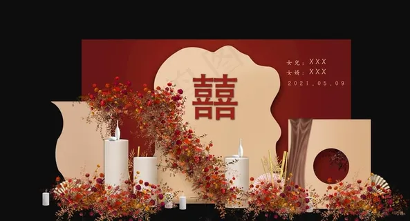 红色中式婚礼合影区图片