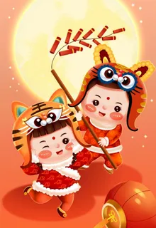 春节新春虎头帽福娃放鞭炮插画图片 春节新春虎头帽福娃放鞭炮插画图片