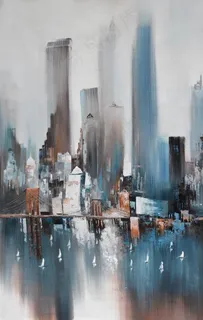 纯手绘油画抽象城市艺术玄关图片