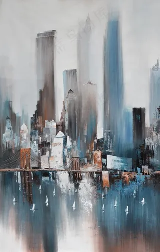 纯手绘油画抽象城市艺术玄关图片