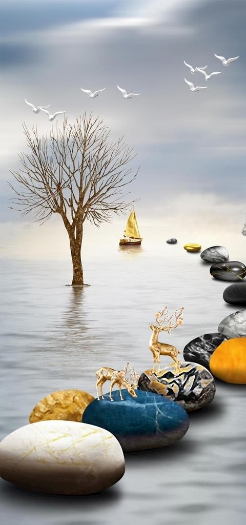 金色麋鹿石来运转发财鹿晶瓷画图片