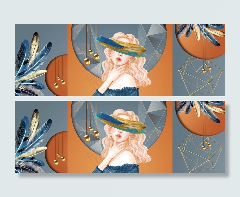 抽象美女羽毛几何图形装饰画图片(9449x3543)