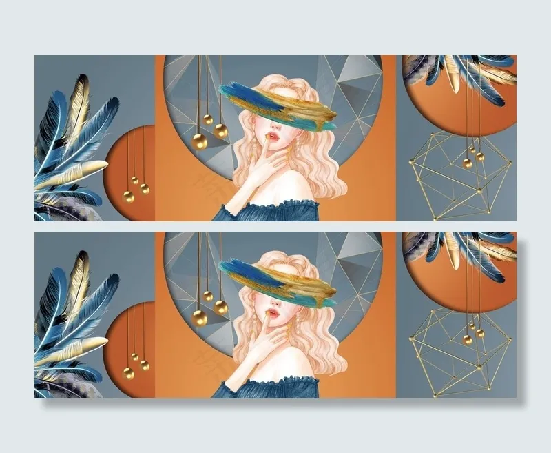 抽象美女羽毛几何图形装饰画图片(9449x3543)