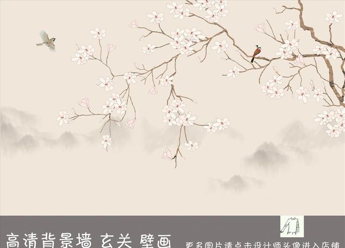 新中式手绘花鸟电视背景墙装饰画图片