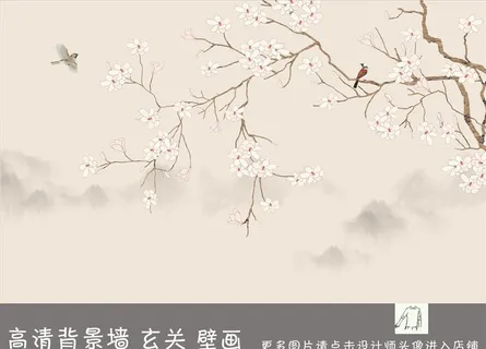新中式手绘花鸟电视背景墙装饰画图片