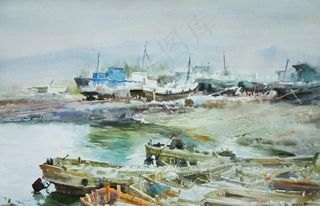 水彩画码头图片