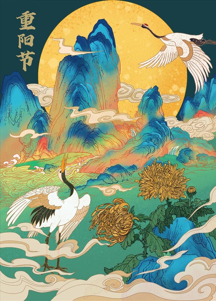 中国风仙鹤菊花插画图片