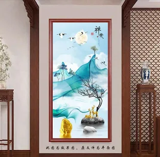 新中式麋鹿山水玄关画图片