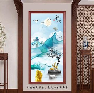 新中式麋鹿山水玄关画图片