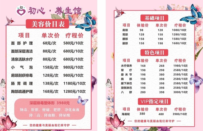 柔和粉丝美容项目价目表可编辑图片