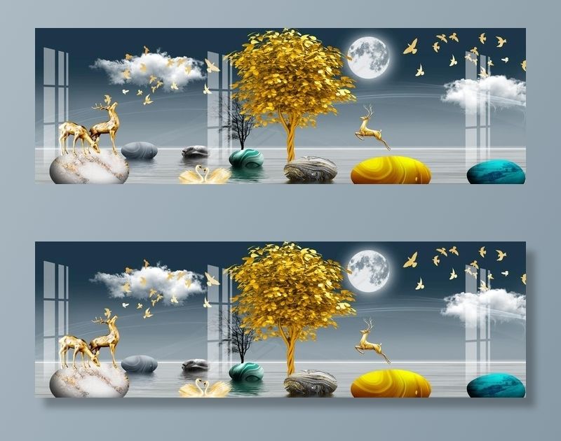 金色麋鹿发财鹿晶瓷画图片(9449x3307)