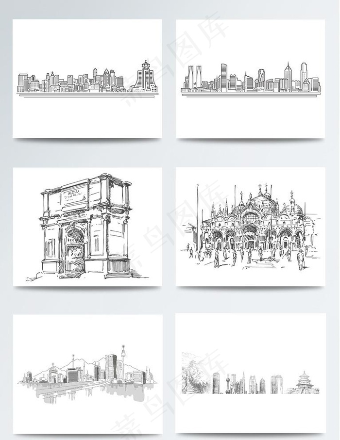 手绘线稿城市建筑元素图片psd模版下载